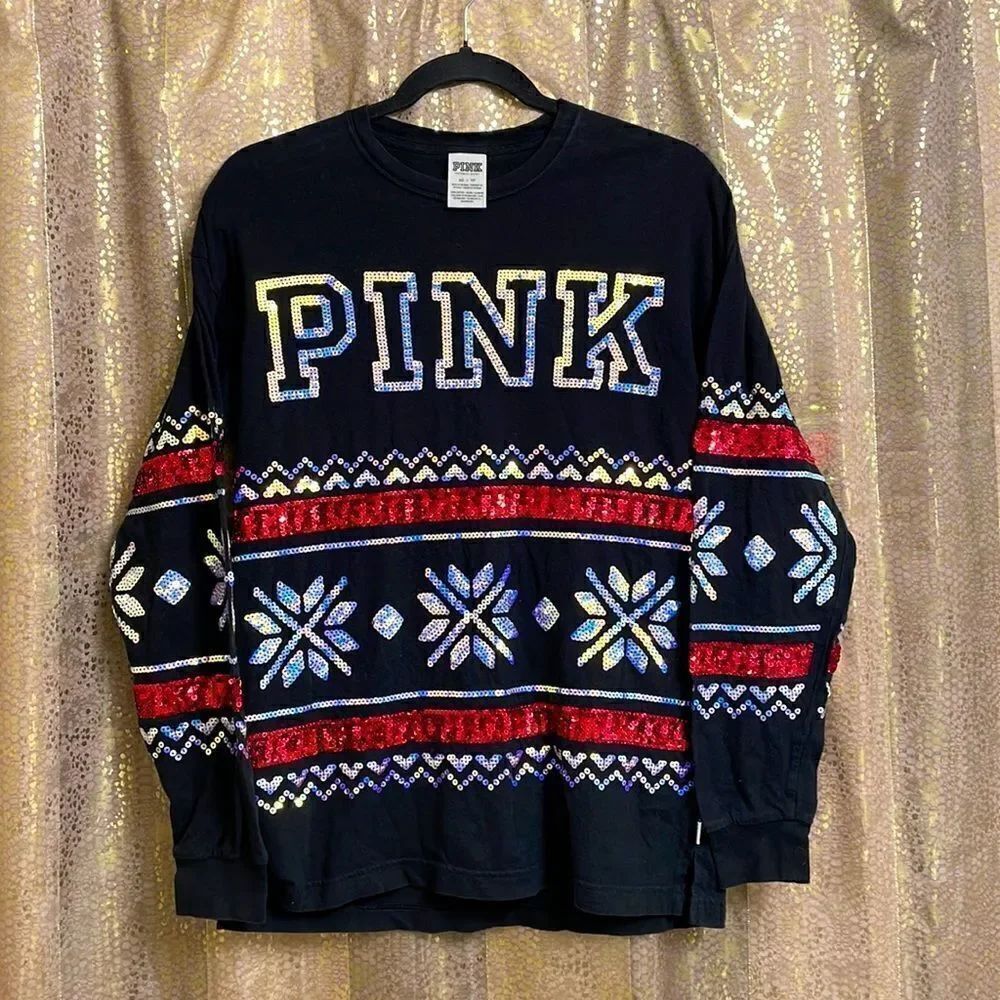 PINK Victorias Secret black/red campus holiday iridescent sequin shirt, XS